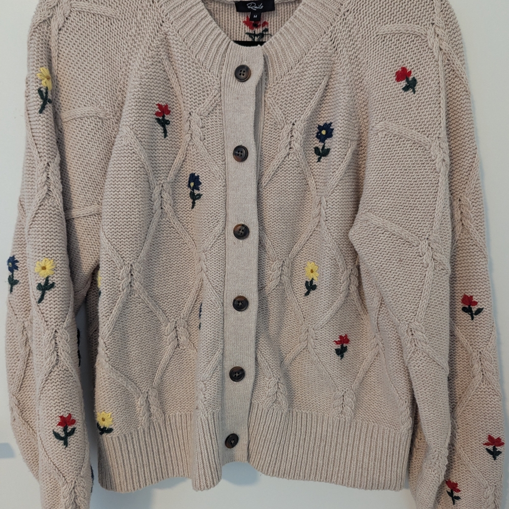 Embroidered Floral Button-Up Sweater